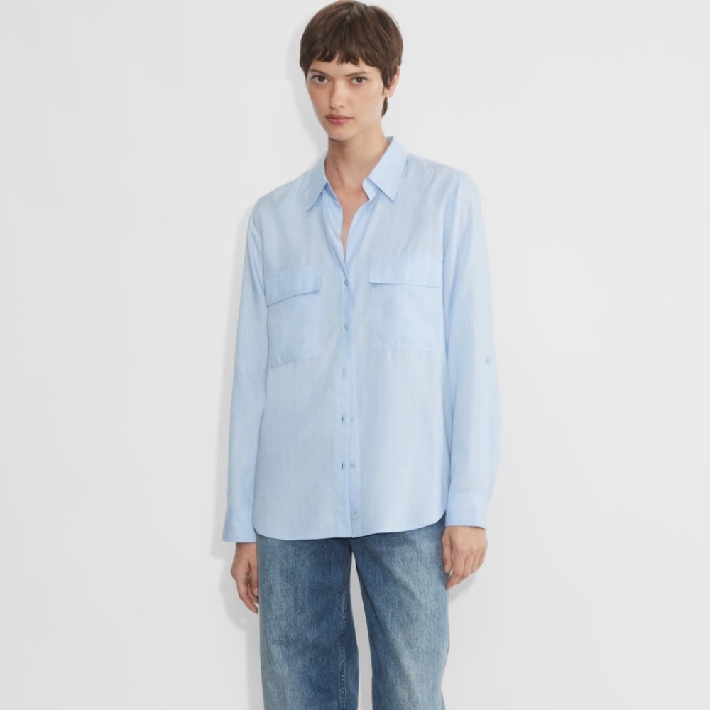 NWT ARITZIA BABATON UTILITY LS BUTTON DOWN IN WD PNSTRP LT BLUE/WHT SMALL